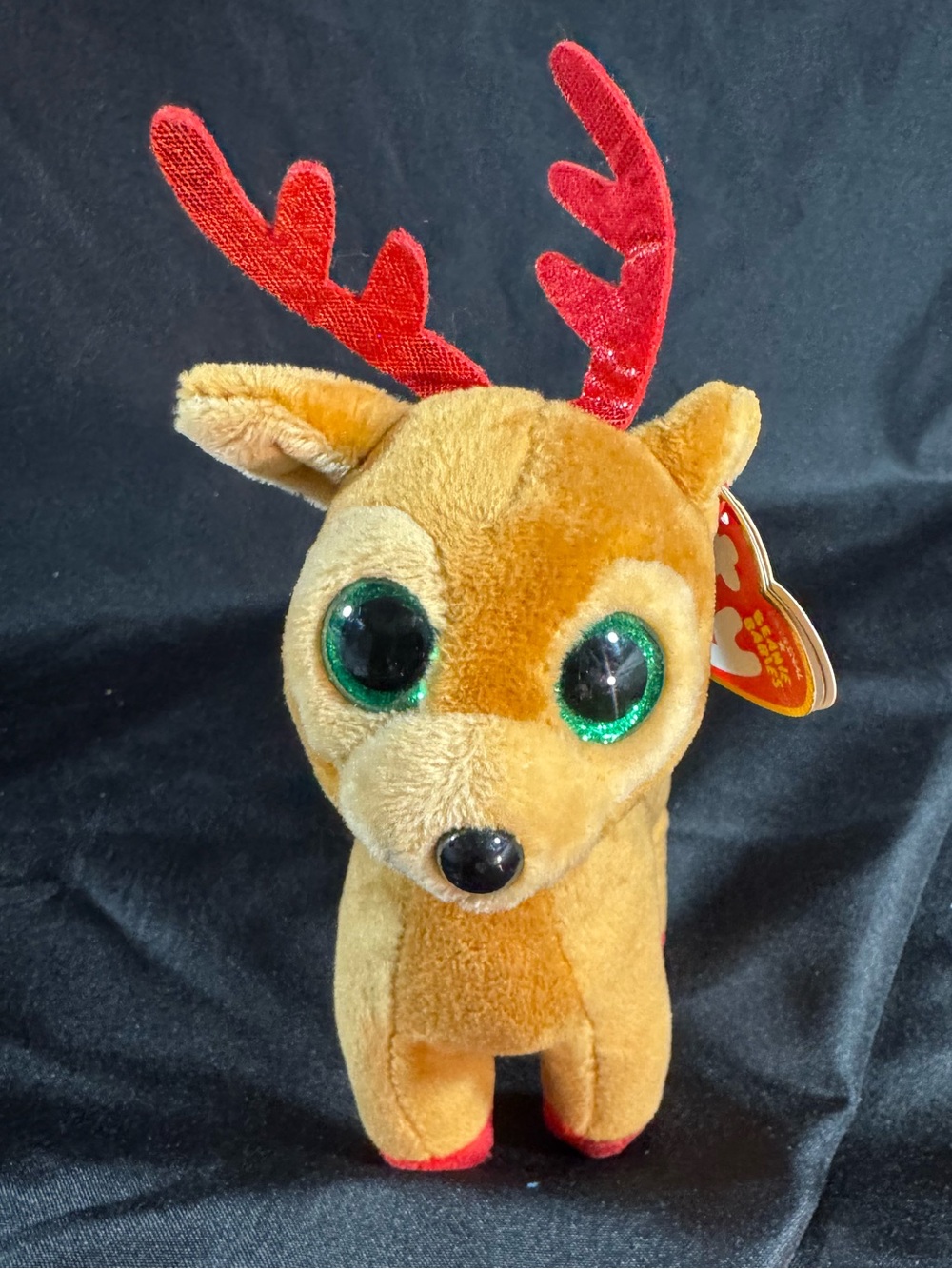 Ty Brown Reindeer Plush with Green Eyes and Red Antlers